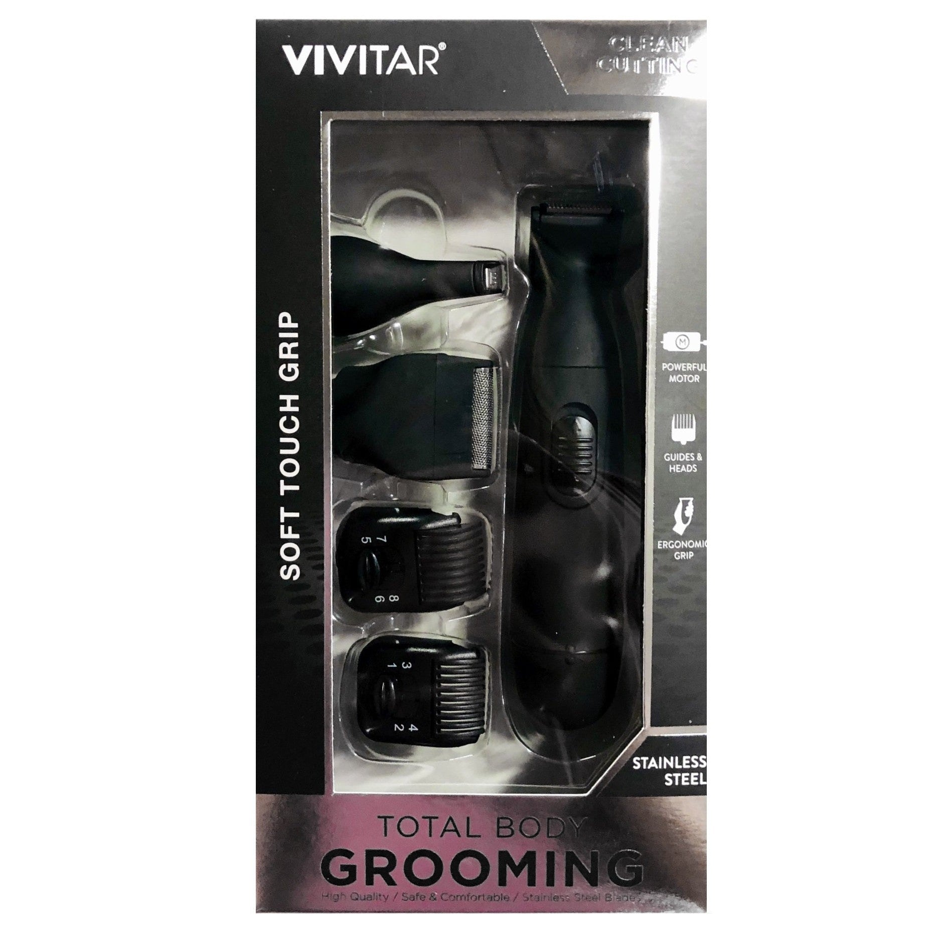 A packaged Vivitar total body grooming kit with multiple attachment heads and a black soft-touch grip.